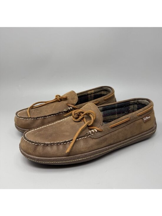 L.L. Bean Handsewn Leather Flannel Lined Moccasin Slippers Brown Men\'s Size 11 main image 4